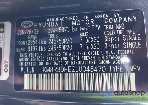 2020 Hyundai Palisade Sel из США, поврежденный, VIN KM8R3DHE2LU048470